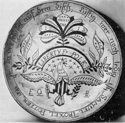 Signed Samuel Troxel: In the center is lettered, in an arc, "Liberty Fr. Polk," while the outer border with Troxel's name and date 1846, is in German. This pottery was in Montgomery County, Pennsylvania. Signed Samuel Troxel: In the center is lettered, in an arc, "Liberty Fr. Polk," while the outer border with Troxel's name and date 1846, is in German. This pottery was in Montgomery County, Pennsylvania.
