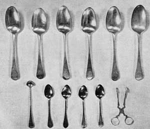 Smaller Pieces of Lear Silver: In the upper row are six tablespoons, London, 1768, by Thomas Wallis. Beneath are four teaspoons by Samuel Drowne of Portsmouth, N. H., and a conserve spoon and sugar tongs, both of which are unmarked American pieces. Smaller Pieces of Lear Silver: In the upper row are six tablespoons, London, 1768, by Thomas Wallis. Beneath are four teaspoons by Samuel Drowne of Portsmouth, N. H., and a conserve spoon and sugar tongs, both of which are unmarked American pieces.