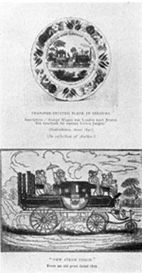 The So-Called B. & O. Plate: In Hayden's CHATS ON OLD EARTHENWARE, from which this illustration is taken, it is entitled, in German, "Steam Carriage London to Bristol." Thus this is obviously an English railroad scene and not American. The So-Called B. & O. Plate: In Hayden's CHATS ON OLD EARTHENWARE, from which this illustration is taken, it is entitled, in German, "Steam Carriage London to Bristol." Thus this is obviously an English railroad scene and not American.