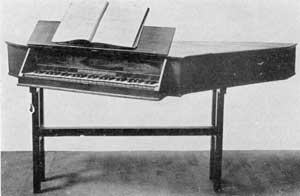 Illustration VI: Spinet by Samuel Blythe: This was made in Salem in 1789. Blythe, 1744-1795, was born and died in Salem. It is not known from whom he learned to make spinets, harpsichords, and stringed instruments. This spinet has his name and town lettered on the lower edge of the decorative front panel. Illustration VI: Spinet by Samuel Blythe: This was made in Salem in 1789. Blythe, 1744-1795, was born and died in Salem. It is not known from whom he learned to make spinets, harpsichords, and stringed instruments. This spinet has his name and town lettered on the lower edge of the decorative front panel.