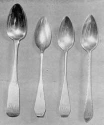 Spoons by Thomas Pickering Drown: He was the elder son of Samuel Drowne and. along with his younger brother, Daniel P., also a silversmith, dropped the final vowel from the family name. Spoon Number 1 is too early in style for this craftsman's period. His dates were 1782-1849. This spoon is one of a half dozen that he made to match a set of spoons made by his father (see Numbers 2 and 3 in illustration of Samuel Drowne spoons). Number 2 has been reversed to show his mark, "T. P. Drown" in rectangle. The coffin-shaped handles of Numbers 2 and 3 may be considered the earliest work of this silversmith, while the bright-cut spoon, Number 4, is a decorative treatment also used at times by his father, from whom he presumably learned engraving as well as silversmithing. Spoons by Thomas Pickering Drown: He was the elder son of Samuel Drowne and. along with his younger brother, Daniel P., also a silversmith, dropped the final vowel from the family name. Spoon Number 1 is too early in style for this craftsman's period. His dates were 1782-1849. This spoon is one of a half dozen that he made to match a set of spoons made by his father (see Numbers 2 and 3 in illustration of Samuel Drowne spoons). Number 2 has been reversed to show his mark, "T. P. Drown" in rectangle. The coffin-shaped handles of Numbers 2 and 3 may be considered the earliest work of this silversmith, while the bright-cut spoon, Number 4, is a decorative treatment also used at times by his father, from whom he presumably learned engraving as well as silversmithing.