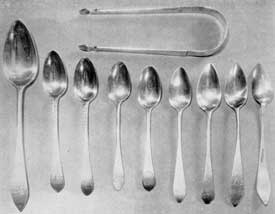 Spoons and Sugar Tongs by Samuel Drowne: He was the first of his family to follow the silversmiths' craft in Portsmouth. His dates were 1749-1815. The spoon identified as Number 5 is the earliest. It was made for Captain Lear, father of Colonel Tobias Lear, secretary to General George Washington, and bears the Lear crest. Numbers 2 and 3 are excellent examples of Drowne's "feather-edge" work. They, and Number 1, were made for the Treadwell family of Portsmouth. Number 9 has been reversed to show one of his known marks, "S. Drowne" in rectangle. Spoons and Sugar Tongs by Samuel Drowne: He was the first of his family to follow the silversmiths' craft in Portsmouth. His dates were 1749-1815. The spoon identified as Number 5 is the earliest. It was made for Captain Lear, father of Colonel Tobias Lear, secretary to General George Washington, and bears the Lear crest. Numbers 2 and 3 are excellent examples of Drowne's "feather-edge" work. They, and Number 1, were made for the Treadwell family of Portsmouth. Number 9 has been reversed to show one of his known marks, "S. Drowne" in rectangle.