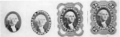 Stages in Engraving the Twenty-four Cent Head of Washington Design: Left to right, the oval portrait copied from Gilbert Stuart, with lettering surrounding the portrait, geometric lathe engraved frame, and at right, the completed design with 24 engraved in each corner. Stages in Engraving the Twenty-four Cent Head of Washington Design: Left to right, the oval portrait copied from Gilbert Stuart, with lettering surrounding the portrait, geometric lathe engraved frame, and at right, the completed design with 24 engraved in each corner.