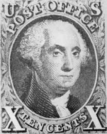 Stuart's Head of Washington: This early United States stamp has as its central design a reproduction of Gilbert Stuart's portrait of George Washington. Stuart's Head of Washington: This early United States stamp has as its central design a reproduction of Gilbert Stuart's portrait of George Washington.