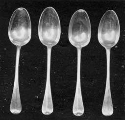 Tablespoons, by Cario: Three of these spoons bear the touch mark of W.Cario and the other that of Benjamin Burt. Obviously, the latter was a replacement made at a later date. Although these spoons are engraved with various initials, they are part of a set originally made by Cario. Tablespoons, by Cario: Three of these spoons bear the touch mark of W.Cario and the other that of Benjamin Burt. Obviously, the latter was a replacement made at a later date. Although these spoons are engraved with various initials, they are part of a set originally made by Cario.