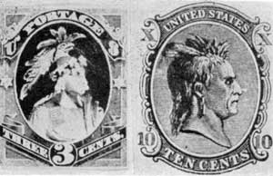 Tammany and Liberty: Chief Tammany appeared on a wood-cut early in the 186os. The head of Liberty with postage misspelled portage caused this essay to be reengraved but even then it was rejected. Tammany and Liberty: Chief Tammany appeared on a wood-cut early in the 186os. The head of Liberty with postage misspelled portage caused this essay to be reengraved but even then it was rejected.