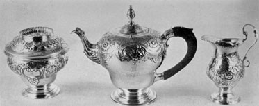 Tea Set by Peter de Riemer: These three pieces, with rococo decoration, are believed to comprise the first tea service made in New York. They bear the Van Rensselaer crest and the initials of Philip Schuyler Van Rensselaer. De Riemer was born in New York in 1738, became a freeman in 1769, and died in 1814. Tea Set by Peter de Riemer: These three pieces, with rococo decoration, are believed to comprise the first tea service made in New York. They bear the Van Rensselaer crest and the initials of Philip Schuyler Van Rensselaer. De Riemer was born in New York in 1738, became a freeman in 1769, and died in 1814.