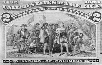 The Landing of Columbus: The original for this two-cent stamp was copied from the heroic painting by John Vanderlyn which hangs in the rotunda of the United States Capitol in Washington. The Landing of Columbus: The original for this two-cent stamp was copied from the heroic painting by John Vanderlyn which hangs in the rotunda of the United States Capitol in Washington.