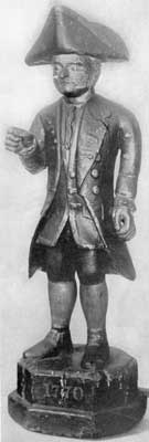 The Little Admiral: In 1770, this stood before the Crown Coffee House at the nautical instrument shop of William Williams. Later, his successor, Samuel Thaxter, moved to State Street, taking his carved figure, about 4 feet high, with him. The Little Admiral: In 1770, this stood before the Crown Coffee House at the nautical instrument shop of William Williams. Later, his successor, Samuel Thaxter, moved to State Street, taking his carved figure, about 4 feet high, with him.