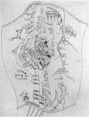ILLUSTRATION II: The Middle Settlement of Cherokees: This drawing, showing the entire decoration, is from a powder horn of 1760 and depicts a section of North Carolina. ILLUSTRATION II: The Middle Settlement of Cherokees: This drawing, showing the entire decoration, is from a powder horn of 1760 and depicts a section of North Carolina.