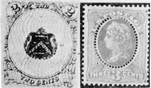 To Foil Stamp Re-Users: At the left an essay with patented wavy-line overprinting, done with sensitive ink. At the right an oval of perforations surrounding the Liberty head to make re-use of this proposed stamp practically impossible. To Foil Stamp Re-Users: At the left an essay with patented wavy-line overprinting, done with sensitive ink. At the right an oval of perforations surrounding the Liberty head to make re-use of this proposed stamp practically impossible.