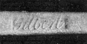 Gilbert's Touch-Mark: This one, his surname in script letters, is the one most frequently used. He had three others, but pieces bearing them are rarely found. Gilbert's Touch-Mark: This one, his surname in script letters, is the one most frequently used. He had three others, but pieces bearing them are rarely found.