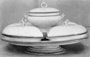 Tureen and Vegetable Dishes: By Wedgwood, circa 1850, the tureen and four covered vegetable dishes are mounted on an unusual porcelain Lazy Susan. Tureen and Vegetable Dishes: By Wedgwood, circa 1850, the tureen and four covered vegetable dishes are mounted on an unusual porcelain Lazy Susan.