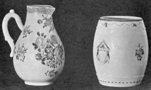 Two Periods Compared: At the left, a cream pitcher, 6 inches tall, brought from England in 1767. The flowers are very clear pink and purple, the deeper border is pink, and the whole decoration picked out with gold. The mug at the right, 5 inches tall, is in blue and gold and bears the cipher SD. It dates about 1802. Two Periods Compared: At the left, a cream pitcher, 6 inches tall, brought from England in 1767. The flowers are very clear pink and purple, the deeper border is pink, and the whole decoration picked out with gold. The mug at the right, 5 inches tall, is in blue and gold and bears the cipher SD. It dates about 1802.