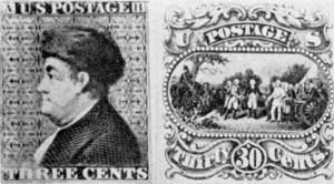 Two Rejected Designs: At the left, a profile of Benjamin Franklin wearing a fur cap. At the right the Surrender of Burgoyne which was turned down in 1869 to avoid offending Great Britain. Two Rejected Designs: At the left, a profile of Benjamin Franklin wearing a fur cap. At the right the Surrender of Burgoyne which was turned down in 1869 to avoid offending Great Britain.