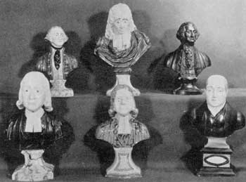 Typical Staffordshire Portrait Busts: They are, top row, left to right: an unmarked Washington; John Milton, by Ra. Wood; and George Washington, by Enoch Wood, date, 1818. Bottom row, left to right: W. M. Cloves, a Methodist preacher, marked "B S & T, Burslem"; John Wesley, by Ra. Wood; and John Wesley, by Enoch Wood. Typical Staffordshire Portrait Busts: They are, top row, left to right: an unmarked Washington; John Milton, by Ra. Wood; and George Washington, by Enoch Wood, date, 1818. Bottom row, left to right: W. M. Cloves, a Methodist preacher, marked "B S & T, Burslem"; John Wesley, by Ra. Wood; and John Wesley, by Enoch Wood.