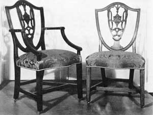 Set of Washington Chairs: These Hepplewhite chairs, both arm and side, were owned by him while President. In 1790, while living in New York, Washington purchased twelve armchairs and six side chairs from the Comte de Moustier. From the inventory, these chairs might have been those so acquired. Set of Washington Chairs: These Hepplewhite chairs, both arm and side, were owned by him while President. In 1790, while living in New York, Washington purchased twelve armchairs and six side chairs from the Comte de Moustier. From the inventory, these chairs might have been those so acquired.