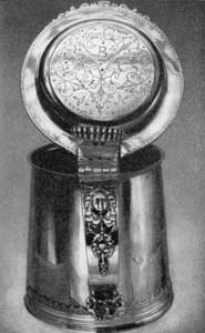 Wedding tankard in the New York-Dutch manner, made in 1708 by Jan Niewkerk for Mr. and Mrs. Robert Benson. 2: Wedding tankard in the New York-Dutch manner, made in 1708 by Jan Niewkerk for Mr. and Mrs. Robert Benson.