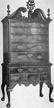 2. Highboy with a bonnet or enclosed pitch scroll top. Note the combination of uncarved, scalloped skirt and finely carved knees, cartouche, finials, etc. 2. Highboy with a bonnet or enclosed pitch scroll top. Note the combination of uncarved, scalloped skirt and finely carved knees, cartouche, finials, etc.