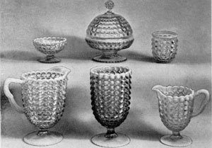 4. Group of opalescent pieces in the Thousand-Eye pattern. This pattern, sometimes confused with Hobnail and Dewdrop, can always be identified by a row of diamond-shaped points below each row of circular discs. 4. Group of opalescent pieces in the Thousand-Eye pattern. This pattern, sometimes confused with Hobnail and Dewdrop, can always be identified by a row of diamond-shaped points below each row of circular discs.