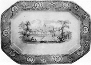 4. Light blue Staffordshire tray bearing the arms of six States and a medallion view, one of Bartlett's paintings of Little Falls, N. Y., as engraved in Willis' American Scenery. Made by Mellor, Venables & Co. 4. Light blue Staffordshire tray bearing the arms of six States and a medallion view, one of Bartlett's paintings of Little Falls, N. Y., as engraved in Willis' American Scenery. Made by Mellor, Venables & Co.