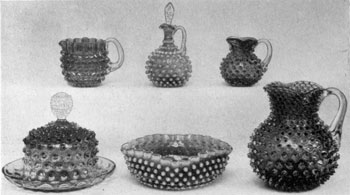 5. Group of cranberry or rose-opalescent examples in the Hobnail pattern. The pointed nodules indicate that they date among the earliest pieces produced in this pattern. Probably made by the Hobbs, Brocunier Company of Wheeling, West Virginia. 5. Group of cranberry or rose-opalescent examples in the Hobnail pattern. The pointed nodules indicate that they date among the earliest pieces produced in this pattern. Probably made by the Hobbs, Brocunier Company of Wheeling, West Virginia.