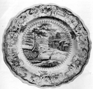 5. Mulberry Colored Staffordshire plate with a view taken from the engraving of Wall's painting, Rapids Above Hadley's Falls. Made by James & Ralph Clews. 5. Mulberry Colored Staffordshire plate with a view taken from the engraving of Wall's painting, Rapids Above Hadley's Falls. Made by James & Ralph Clews.