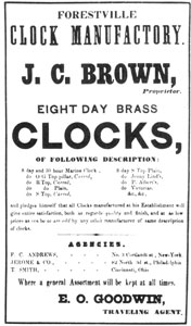5. Forestville advertisement of 1851 listing types of clocks the Company was then producing — marines, OG top pillars, R tops, S tops, Jenny Linds, Prince Alberts and Victorian. 5. Forestville advertisement of 1851 listing types of clocks the Company was then producing — marines, OG top pillars, R tops, S tops, Jenny Linds, Prince Alberts and Victorian.