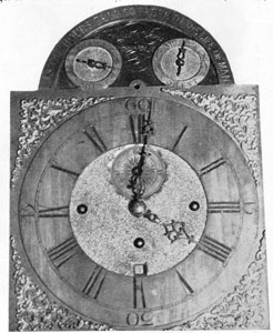 5. Dial and view of the works of a 30-day musical clock engraved on dial, "William Faris Annapolis." 5. Dial and view of the works of a 30-day musical clock engraved on dial, "William Faris Annapolis."