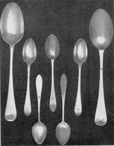 6. Spoons bearing three different variations of William Faris' touchmark, W F: (a) tablespoons made about 1760-70; (b) bright-cut or ribbon-edge teaspoons; (c) pair of small teaspoons with bell-flower drop motif. 6. Spoons bearing three different variations of William Faris' touchmark, W F: (a) tablespoons made about 1760-70; (b) bright-cut or ribbon-edge teaspoons; (c) pair of small teaspoons with bell-flower drop motif.