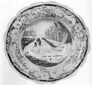 6. Unique washbowl (purple), showing view taken from the engraving of Wall's painting, Hadley's Falls. This view has not been found on Staffordshire till now. Made by James & Ralph Clews. 6. Unique washbowl (purple), showing view taken from the engraving of Wall's painting, Hadley's Falls. This view has not been found on Staffordshire till now. Made by James & Ralph Clews.