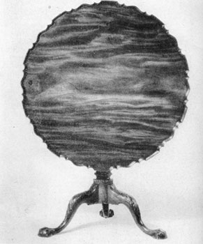 6. Tripod table with piecrust top. Piecrust tables were made only in the Chippendale period. Examples are rare. Note the handsome grain. 6. Tripod table with piecrust top. Piecrust tables were made only in the Chippendale period. Examples are rare. Note the handsome grain.