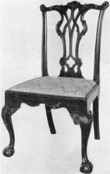 Philadelphia Chippendale side chairs were of endless variety. The three principal types of backs were the French, the Gothic, and the Strap-scrolled (developed from the Queen Anne) back. Cresting rails, uprights, seat rails, knee carvings and occasionally the feet might have individual treatment as well as the splats. Students should try to see how many differentiating details they can find; they will be surprised at the variety. Philadelphia Chippendale side chairs were of endless variety. The three principal types of backs were the French, the Gothic, and the Strap-scrolled (developed from the Queen Anne) back. Cresting rails, uprights, seat rails, knee carvings and occasionally the feet might have individual treatment as well as the splats. Students should try to see how many differentiating details they can find; they will be surprised at the variety.