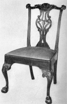 Philadelphia Chippendale side chairs were of endless variety. The three principal types of backs were the French, the Gothic, and the Strap-scrolled (developed from the Queen Anne) back. Cresting rails, uprights, seat rails, knee carvings and occasionally the feet might have individual treatment as well as the splats. Students should try to see how many differentiating details they can find; they will be surprised at the variety. Philadelphia Chippendale side chairs were of endless variety. The three principal types of backs were the French, the Gothic, and the Strap-scrolled (developed from the Queen Anne) back. Cresting rails, uprights, seat rails, knee carvings and occasionally the feet might have individual treatment as well as the splats. Students should try to see how many differentiating details they can find; they will be surprised at the variety.