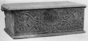 Illustration I: American Bible Box: Made about 1650, it is of oak and ash with characteristic shallow carving on front. The initials M. H. are those of the original owner. Illustration I: American Bible Box: Made about 1650, it is of oak and ash with characteristic shallow carving on front. The initials M. H. are those of the original owner.