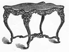 A Parlor Table of Cast-Iron: The frame was painted to simulate rosewood and the top was white marble. A typical example of the Victorian but executed in iron instead of wood. Shown as illustrated in a catalogue of Chase Brothers, Boston iron founders who specialized in this type of metal furniture. A Parlor Table of Cast-Iron: The frame was painted to simulate rosewood and the top was white marble. A typical example of the Victorian but executed in iron instead of wood. Shown as illustrated in a catalogue of Chase Brothers, Boston iron founders who specialized in this type of metal furniture.