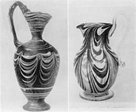 Illustration VII, VII-A.: Blown Glass with Colored Loops: Illustration VII, an Alexandrian type wine jug of the Greek period, Mode of multi-colored glass. Illustration VII-A, free-blown South Jersey type pitcher, mid 19th Century with loops of colors. Illustration VII, VII-A.: Blown Glass with Colored Loops: Illustration VII, an Alexandrian type wine jug of the Greek period, Mode of multi-colored glass. Illustration VII-A, free-blown South Jersey type pitcher, mid 19th Century with loops of colors.