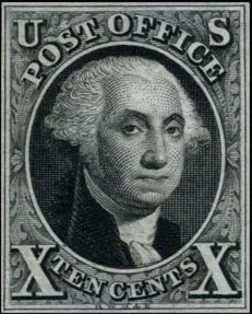 Postage Stamp of the United States First Issued in 1847 - Scott 2 - 10¢ Black Washington - Issued: July 1, 1847, Imperforate - about 864,000 issued (1847-1851), Printed on 200 subject plates in 2 panes of 100 in a 10x10 format, engraved by Asher B. Durand Postage Stamp of the United States First Issued in 1847 - Scott 2 - 10¢ Black Washington - Issued: July 1, 1847, Imperforate - about 864,000 issued (1847-1851), Printed on 200 subject plates in 2 panes of 100 in a 10x10 format, engraved by Asher B. Durand