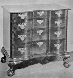 Boston Block-Front Chest of Drawers: In its design and proportions, this mahogany piece is representative of the block-front furniture made in Boston in the Chippendale period. It dates circa 1770 and was long owned by the Higginson family. Boston Block-Front Chest of Drawers: In its design and proportions, this mahogany piece is representative of the block-front furniture made in Boston in the Chippendale period. It dates circa 1770 and was long owned by the Higginson family.