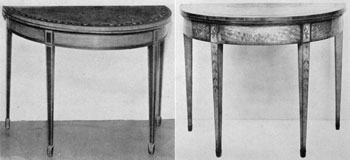 Card Tables, American and English: That at the left is of American make and is all of satinwood with painted decoration. At the right is an English table also of satinwood with the decoration done with inlay of contrasting colors. Both have the Marlborough or spade foot. Card Tables, American and English: That at the left is of American make and is all of satinwood with painted decoration. At the right is an English table also of satinwood with the decoration done with inlay of contrasting colors. Both have the Marlborough or spade foot.
