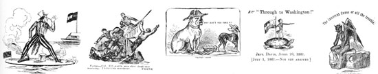 Patriotic Caricatures and Heroic Scenes Enlivened Many Civil War Envelopes: Many of these were printed on the left end of the front of the envelope. The five reproduced, from left to right are a cartoon reflecting the engagement of the "Monitor" and "Merrimac"; the death of Colonel Elmer E. Ellsworth avenged; General Winfield Scott taunts Jefferson Davis about taking Washington; another cartoon jibe at Davis' inability to capture Washington; and cotton depicted as "the innocent cause of all the trouble." Patriotic Caricatures and Heroic Scenes Enlivened Many Civil War Envelopes: Many of these were printed on the left end of the front of the envelope. The five reproduced, from left to right are a cartoon reflecting the engagement of the "Monitor" and "Merrimac"; the death of Colonel Elmer E. Ellsworth avenged; General Winfield Scott taunts Jefferson Davis about taking Washington; another cartoon jibe at Davis' inability to capture Washington; and cotton depicted as "the innocent cause of all the trouble."