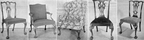 Chippendale Chairs, Both English and American: A — London-made, of mahogany, it has a crested toprail, vase-shaped, carved, and fluted back, cabriole front legs carved with rosettes, and terminating with hairy paw feet. B — Armchair from the same set where upholstered back is also crested. C — A New York mahogany wing chair with carved cabriolet legs of fine quality that combine elaborate foliage at the knees and boldly done claw-and-ball feet. D — A New York mahogany side chair with interlaced back splat, crested top terminating with carved shells and tassels, and cabriole legs with carved scallops, shells, and leafage extending to the ankle. Very close in design and execution to the labeled chair by Gilbert Ashe. E — A Philadelphia walnut chair with characteristic design of both crested toprail and pierced back splat. Chippendale Chairs, Both English and American: A — London-made, of mahogany, it has a crested toprail, vase-shaped, carved, and fluted back, cabriole front legs carved with rosettes, and terminating with hairy paw feet. B — Armchair from the same set where upholstered back is also crested. C — A New York mahogany wing chair with carved cabriolet legs of fine quality that combine elaborate foliage at the knees and boldly done claw-and-ball feet. D — A New York mahogany side chair with interlaced back splat, crested top terminating with carved shells and tassels, and cabriole legs with carved scallops, shells, and leafage extending to the ankle. Very close in design and execution to the labeled chair by Gilbert Ashe. E — A Philadelphia walnut chair with characteristic design of both crested toprail and pierced back splat.