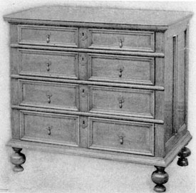 Early William and Mary Example: Made in New England circa 1690-1700. Although the wood is still oak, the absence of carving, use of moldings, arrangement of four drawers, each slightly deeper than the one above, and the turned bulbous feet are all characteristic of the William and Mary period in American furniture. Early William and Mary Example: Made in New England circa 1690-1700. Although the wood is still oak, the absence of carving, use of moldings, arrangement of four drawers, each slightly deeper than the one above, and the turned bulbous feet are all characteristic of the William and Mary period in American furniture.