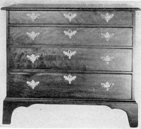 Early and Simple Chippendale: This chest of drawers by a nameless cabinetmaker of Fall Village, Connecticut is of the Chippendale era, though the bracket feet and moldings are severely plain. Made of maple, the drawer fronts are of curly grained wood. Early and Simple Chippendale: This chest of drawers by a nameless cabinetmaker of Fall Village, Connecticut is of the Chippendale era, though the bracket feet and moldings are severely plain. Made of maple, the drawer fronts are of curly grained wood.