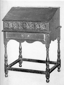 Illustration IV: Early Desk on Frame: This piece is of oak with lid hinged at top. The frame is similar to the early tavern table in construction Illustration IV: Early Desk on Frame: This piece is of oak with lid hinged at top. The frame is similar to the early tavern table in construction