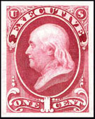 The Executive Departmental Stamp Designs of 1873, Plates of 100 stamps - Perforated 12 - Issued July 3, 1873, Printed by the Continental Bank Note Company on "thin, hard" whitish paper, Scott O10 - 1¢ Franklin The Executive Departmental Stamp Designs of 1873, Plates of 100 stamps - Perforated 12 - Issued July 3, 1873, Printed by the Continental Bank Note Company on "thin, hard" whitish paper, Scott O10 - 1¢ Franklin