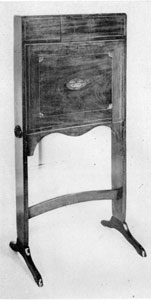 Fire Screen and Desk: For the latter use the front drops forward. Of mahogany with decorative inlay it follows the Hepplewhite design but was made in New York about 1790 for Anne Stevenson who married General Pierre ran Cortlandt. Fire Screen and Desk: For the latter use the front drops forward. Of mahogany with decorative inlay it follows the Hepplewhite design but was made in New York about 1790 for Anne Stevenson who married General Pierre ran Cortlandt.