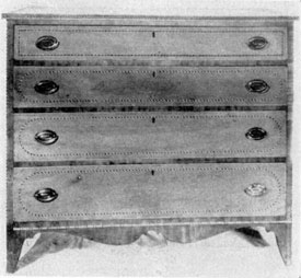 A Hepplewhite Chest of Drawers: The consistent use of two-color bands and ovals of inlay, the French foot and shaped apron beneath the lower drawer, show how widely the Hepplewhite style was followed. A Hepplewhite Chest of Drawers: The consistent use of two-color bands and ovals of inlay, the French foot and shaped apron beneath the lower drawer, show how widely the Hepplewhite style was followed.