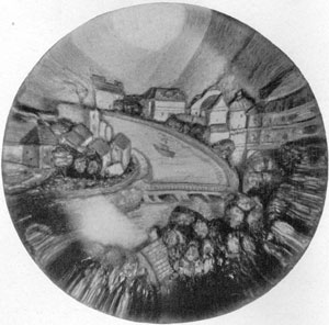 Illustration II: A Mountain Village: Here coloring of the houses located on either side of a river big enough to have ships sailing on it changes as the light plays on the paperweight. Illustration II: A Mountain Village: Here coloring of the houses located on either side of a river big enough to have ships sailing on it changes as the light plays on the paperweight.