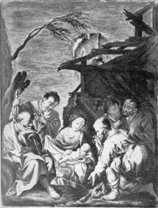 Illustration V: Adoration of the Shepherds: Decorated by Adam Friedrich von Lowenfinck between 1741 and 1744 when he was working at Fulda. Illustration V: Adoration of the Shepherds: The plague was decorated by Adam Friedrich von Lowenfinck between 1741 and 1744 when he was working at Fulda.